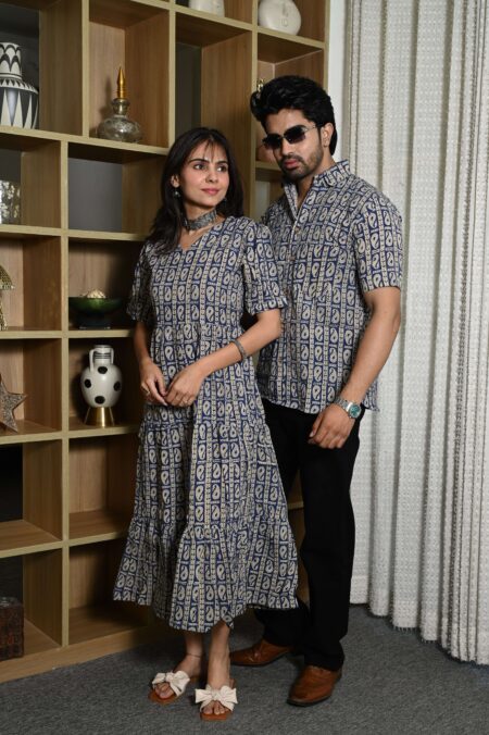 Couple Matching Navy Blue Cotton Anarkali Midi Dress and Shirt Set ? Paisley Block Print